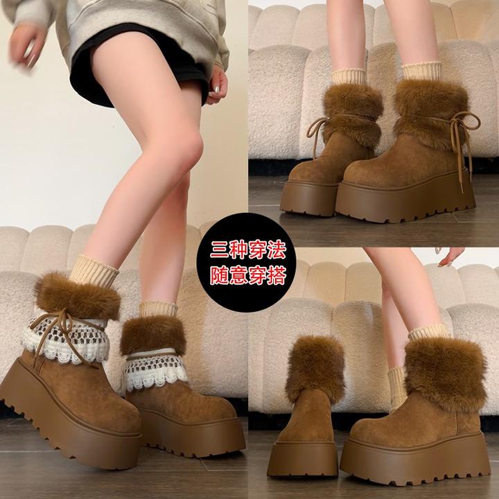 2025冬季新款厚底费尔岛加绒加厚雪地靴女百搭可拆卸三穿短筒棉靴