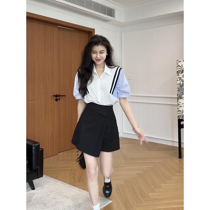 张阿星【微风衬夏】夏季法式撞色条纹衬衫+高腰遮肉不规则黑色裙裤