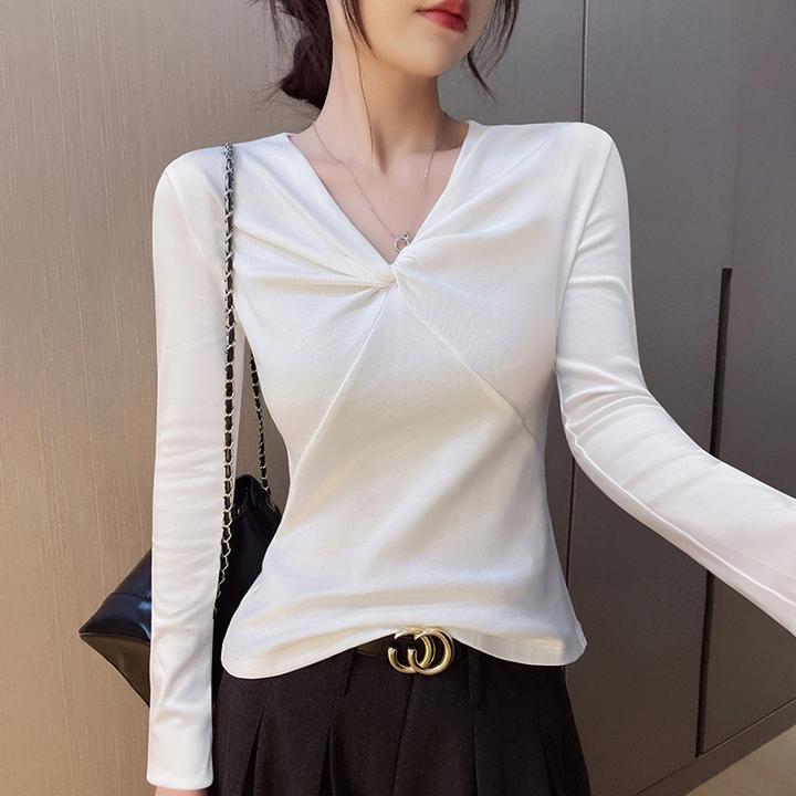 白色V领长袖打底衫女内搭2025秋冬季新款显瘦扭结设计感气质上衣