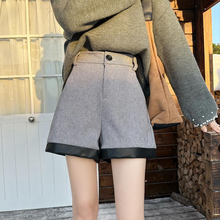 拉夏贝尔灰色毛呢pu皮拼接短裤女时髦a字休闲阔腿裤秋冬外穿靴裤