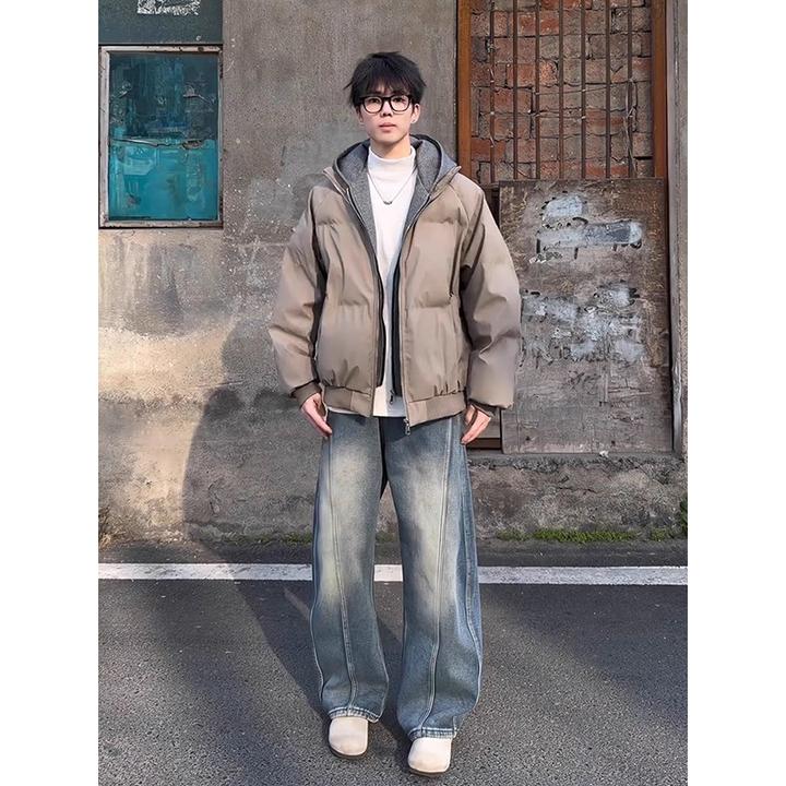 灰色假两件pu皮棉服男款冬季加厚保暖连帽棉衣cleanfit面包服外套