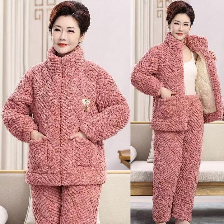中老年妈妈三层加厚夹棉睡衣女冬季加绒加厚保暖拉链外穿棉袄套装