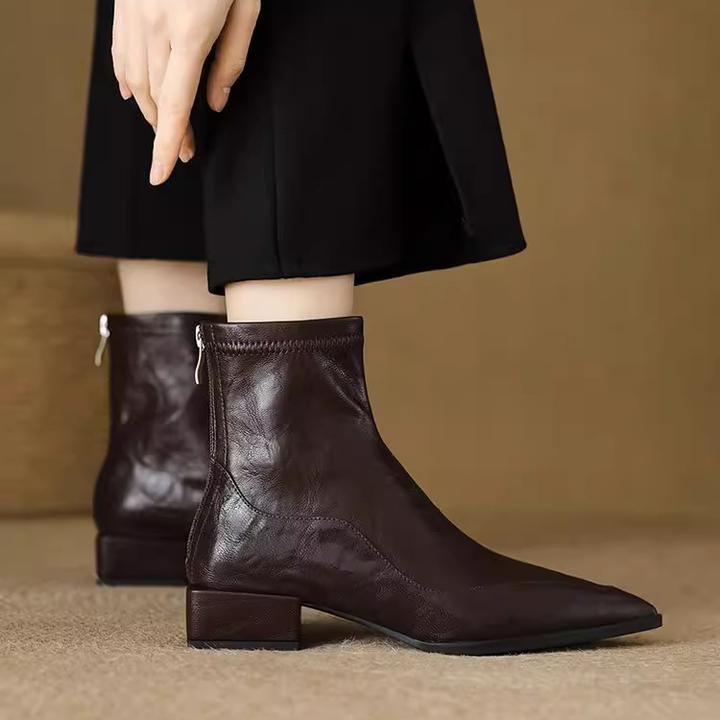 时尚方头低跟短靴百搭尖头切尔西靴中帮英伦风方头弹力瘦瘦靴