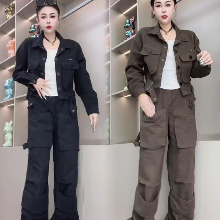 2025冬季开衫短外套上衣工装裤两件套宽松气质显瘦加绒牛仔服套装