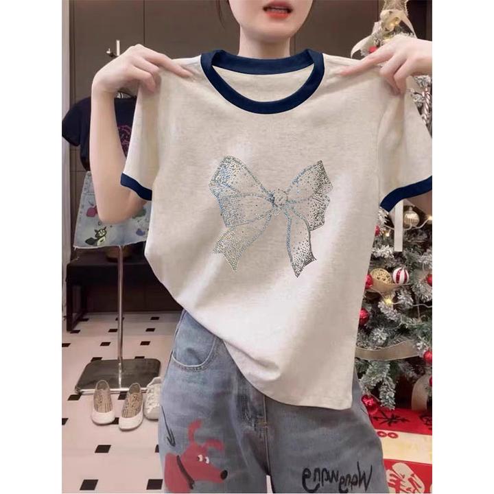 2025新款正肩撞色圆领短袖t恤女上衣时尚百搭洋气休闲打底衫夏季