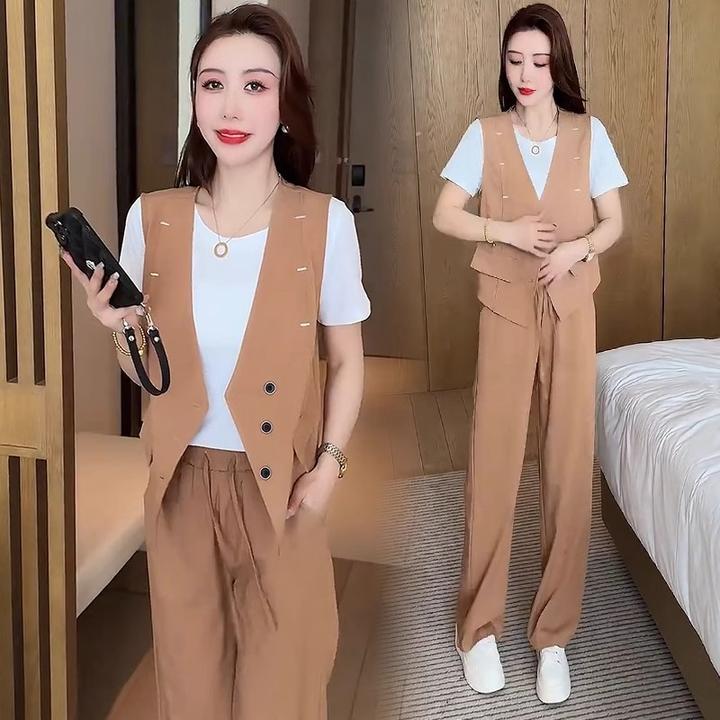 时尚休闲套装女2025夏季新款洋气质短袖T恤马甲阔腿裤气质三件套