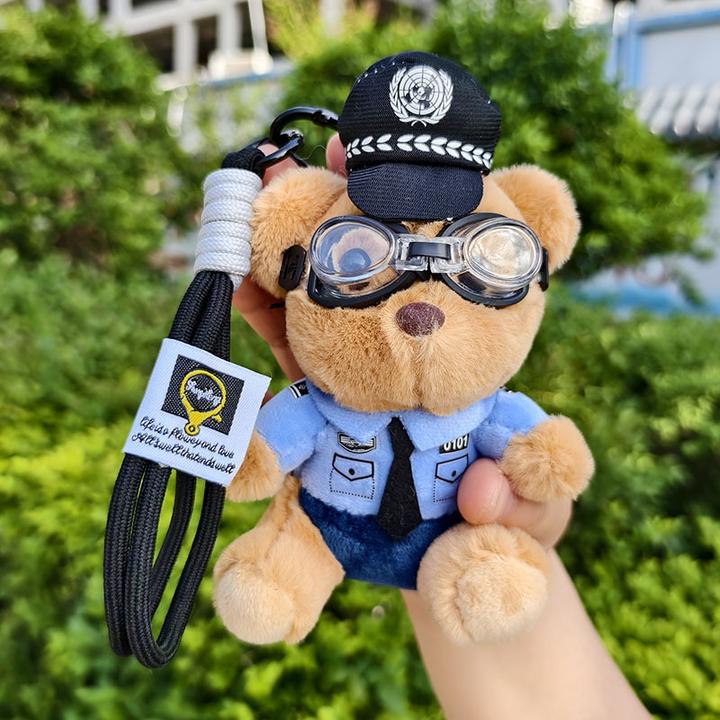 新飞行员警察交警熊挂件毛绒玩具公仔小熊玩偶钥匙扣包包挂饰