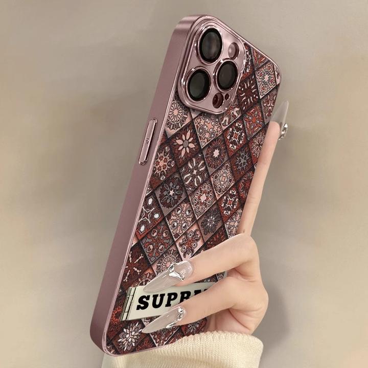 图腾红格适用苹果16promax手机壳iPhone15pro电镀国潮14p保护套女