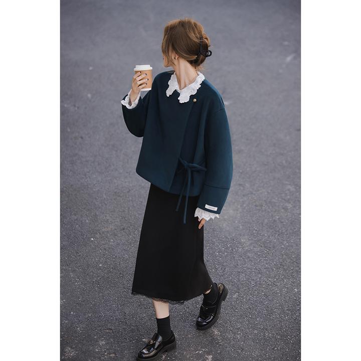 小谷粒孔雀蓝大衣单面呢 斜门襟+本布系带 奢美优雅