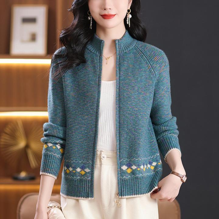 时髦花线休闲针织外套2025新款春装立领菱格百搭毛衣开衫洋气短款