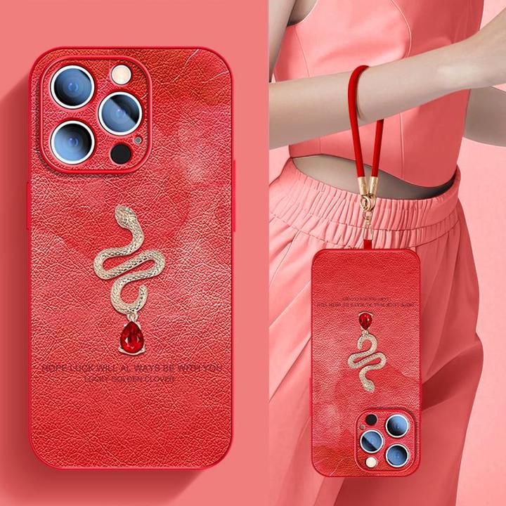 金蛇适用苹果16promax手机壳红色本命年iPhone15pro高档小羊皮14