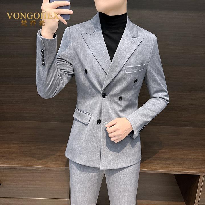 VONGOHEX西装套装男高级感婚礼新郎修身戗驳领双排扣休闲西服外套