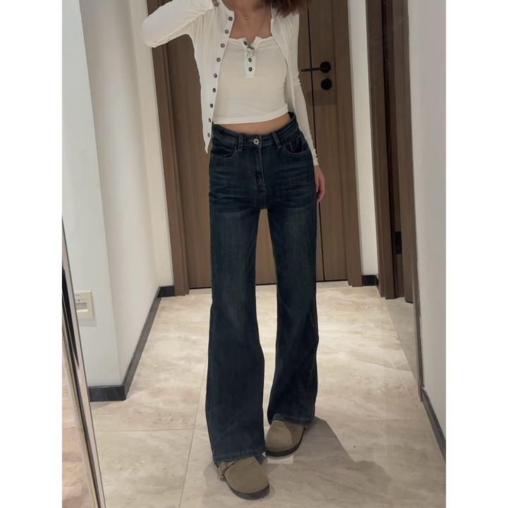 初秋高腰不贴腿微喇牛仔裤女2025年秋季新款显瘦弹力小个子喇叭裤