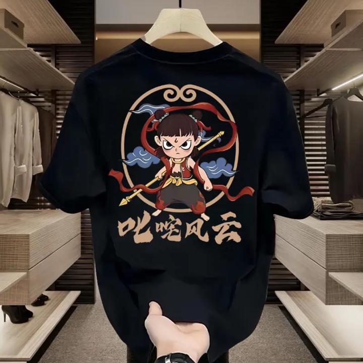 2025新款潮牌男女纯棉短袖t恤圆领上衣潮牌潮流哪吒主题印花ins