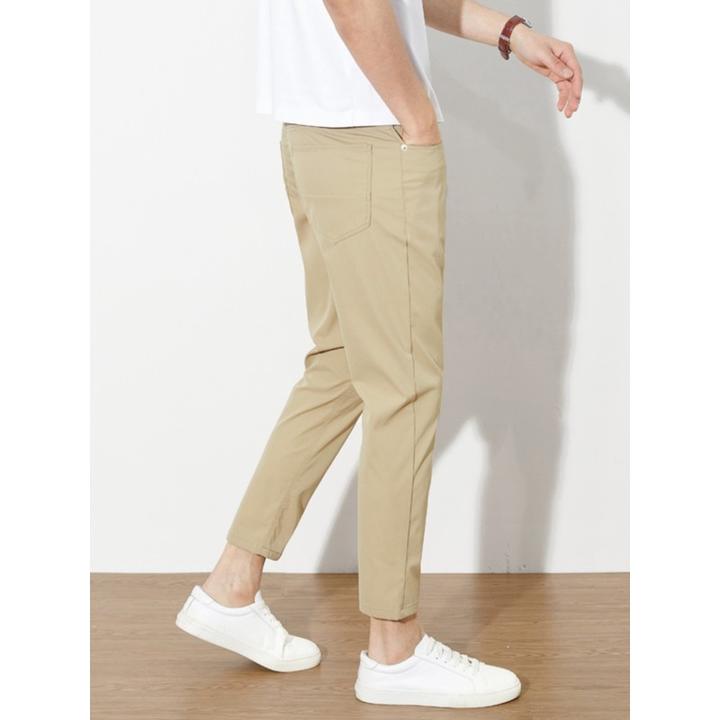 DeweLvum新款休闲裤松紧腰抗皱免烫修身小脚卡其色男士九分裤男款