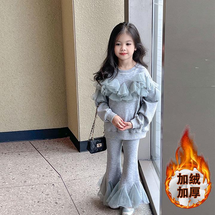 女童加绒套装2024冬装新款儿童网纱拼接卫衣女孩休闲喇叭裤两件套