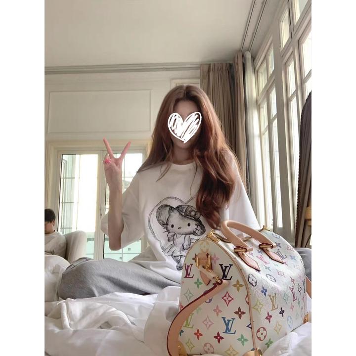 FRVXO素描梦露 手绘KT印花休闲圆领短袖T恤夏季宽松慵懒百搭上衣