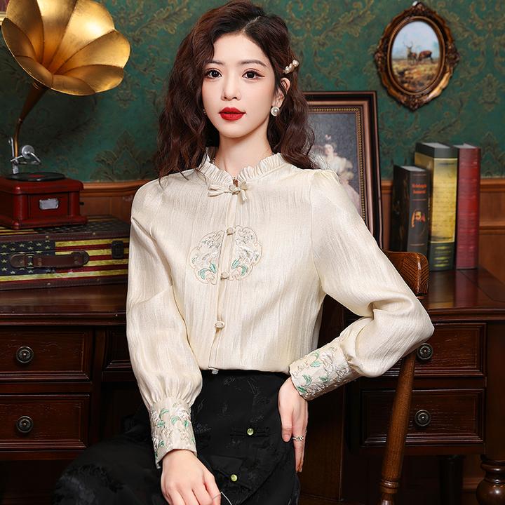 2025年春季衬衫甜美淑女荷叶领长袖艺术绘画植物花卉春秋灯笼袖