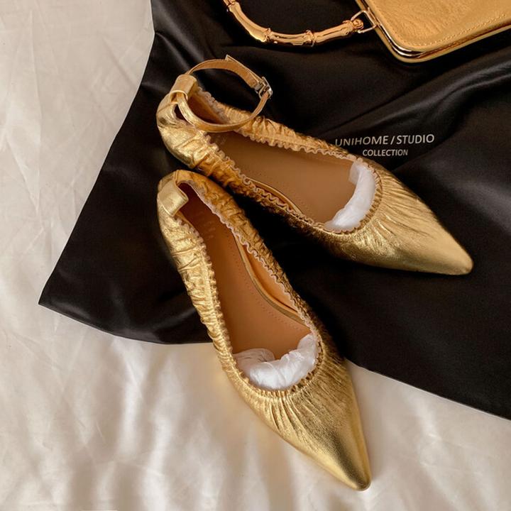 真皮法式两穿褶皱金色单鞋女2025春季新款一字带尖头平底玛丽珍鞋