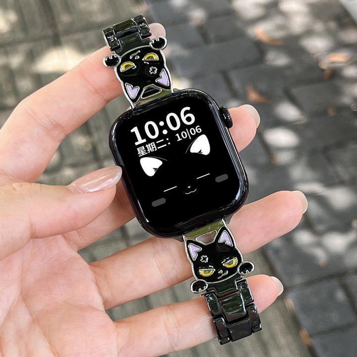 陶瓷邪恶小猫表带适用iwatchs11手表S10applewatch苹果手表9配件8