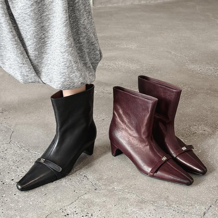 头层牛皮~4cm明星同款时尚气质方头短靴中跟显腿细软底透气百搭款