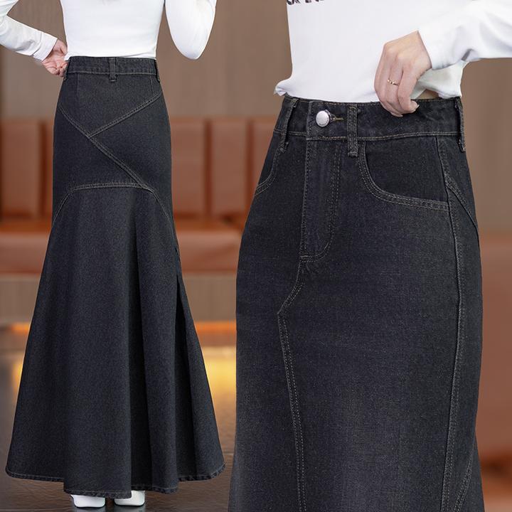 春秋冬复古黑色高腰鱼尾分割线翘臀设计无弹包臀长裙牛仔半身裙女