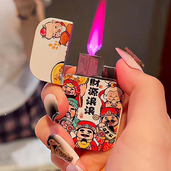 新年财神爷发财卡通充气防风金属打火机粉色火焰高颜值送男友礼物