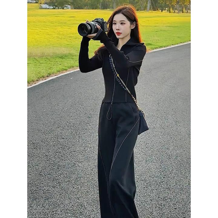 大码女装休闲阔腿穿搭长裤秋冬款拉链显瘦黑色长袖卫衣两件套女装