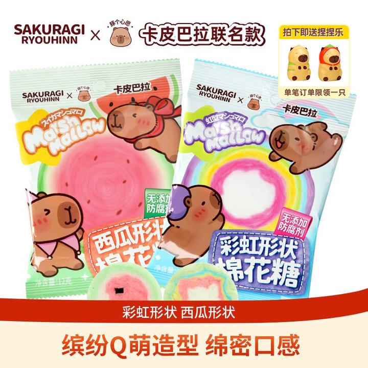 樱木良品卡皮巴拉联名彩虹棉花糖西瓜形童年拉丝棉花糖入口即化