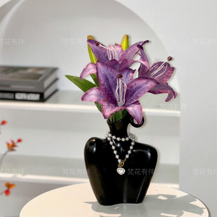 INS风油画百合仿真花北欧轻奢陶瓷人像花瓶餐厅展示柜电视柜摆件
