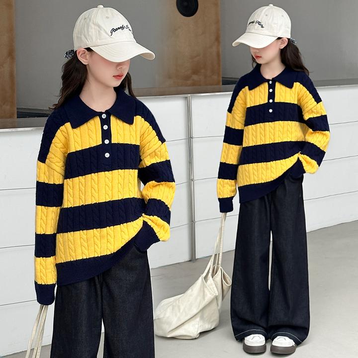 女童秋装2025新款时髦洋气中大童套装条纹麻花毛衣牛仔裤两件套