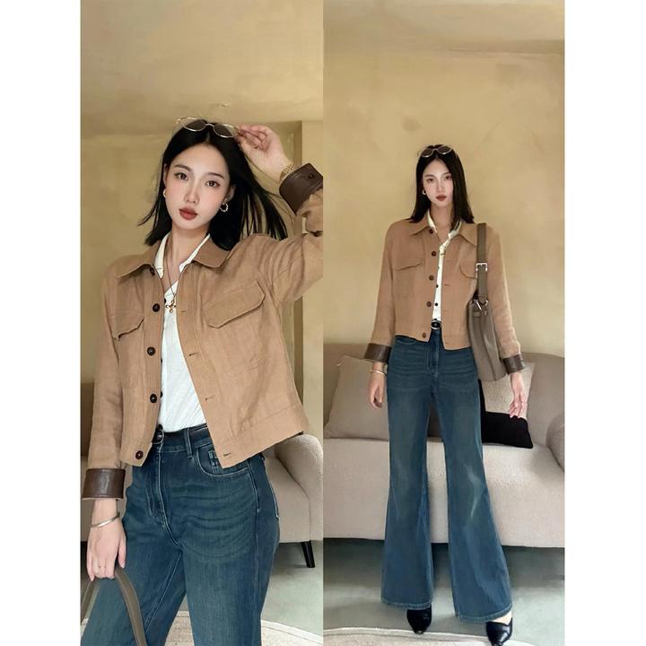 韩系亚麻外套女2025秋新款小香风轻奢洋气时髦高级感棕色夹克上衣