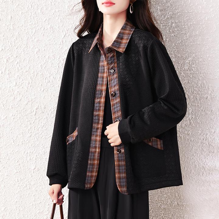 【女神新衣】时尚格子拼接翻领显瘦纯色开衫外套气质百搭休闲上衣女