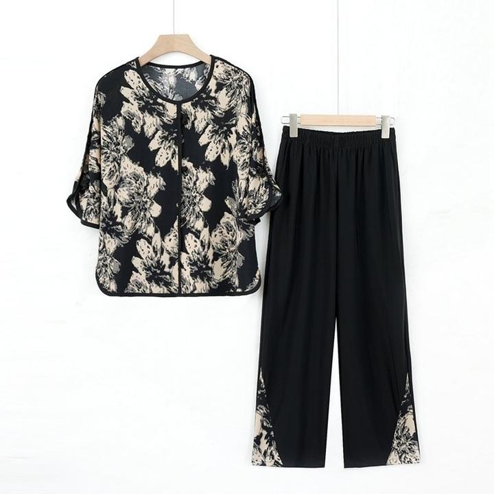 妈妈女装宽松夏装T恤套装洋气夏季奶奶新款短袖圆领妈妈装夏季