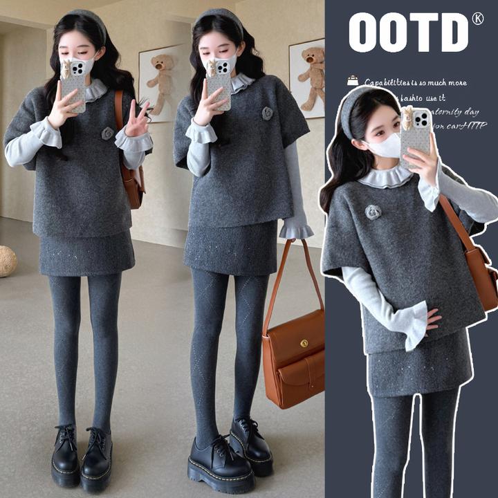 时尚孕妇洋气三件套装针织马甲＋花边打底衫＋托腹半裙小香风套装