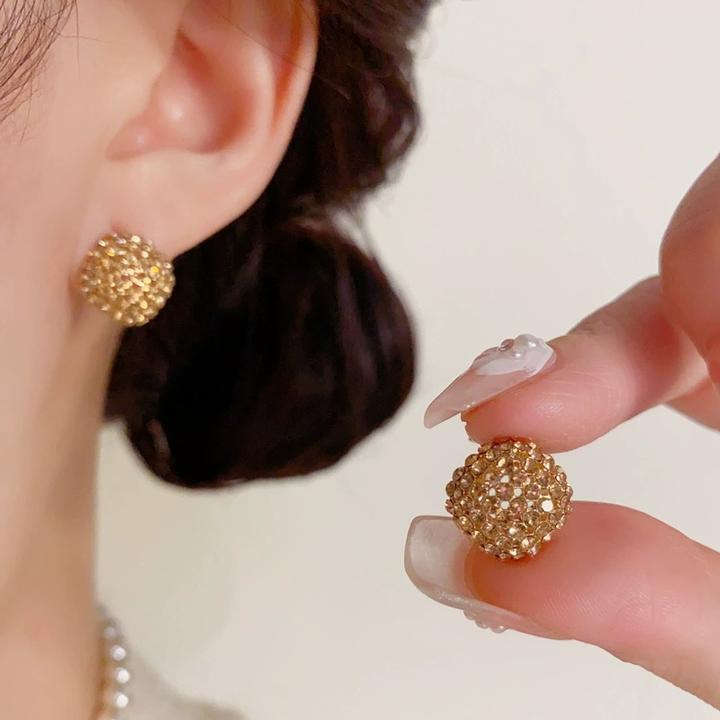 铜合金锆石耳饰 韩版精致时尚简约香槟色满钻几何菱形耳钉耳环