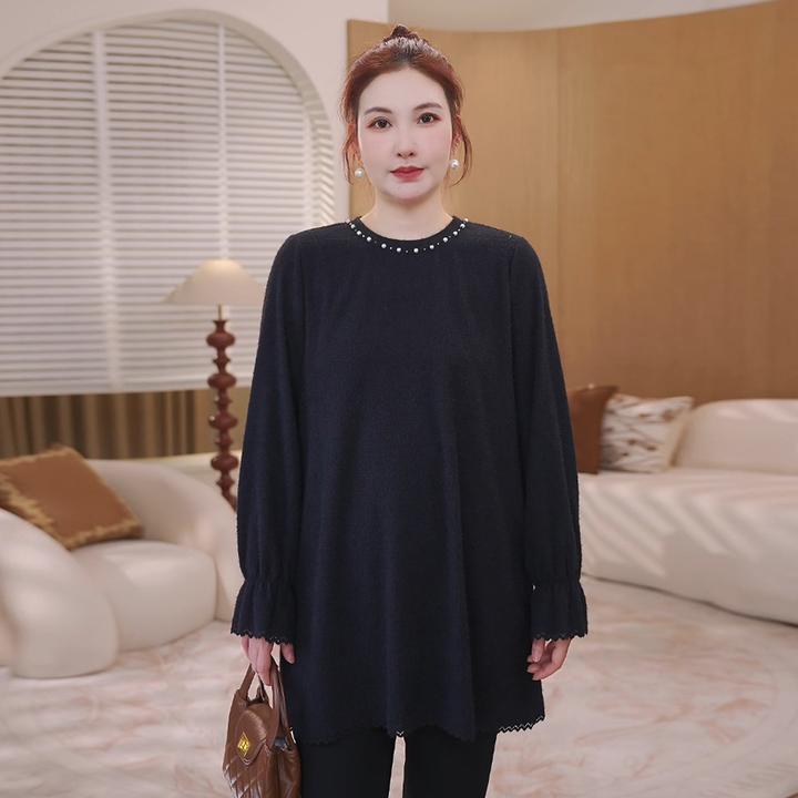 【磨毛蕾丝】MsShe大码女装2025新冬装优雅钉珠打底衫上衣E2512037