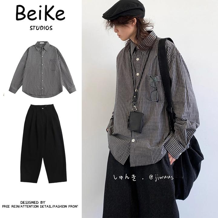 两件装/秋格子日系cleanfit衬衫格纹上衣男士男生慵懒风套装