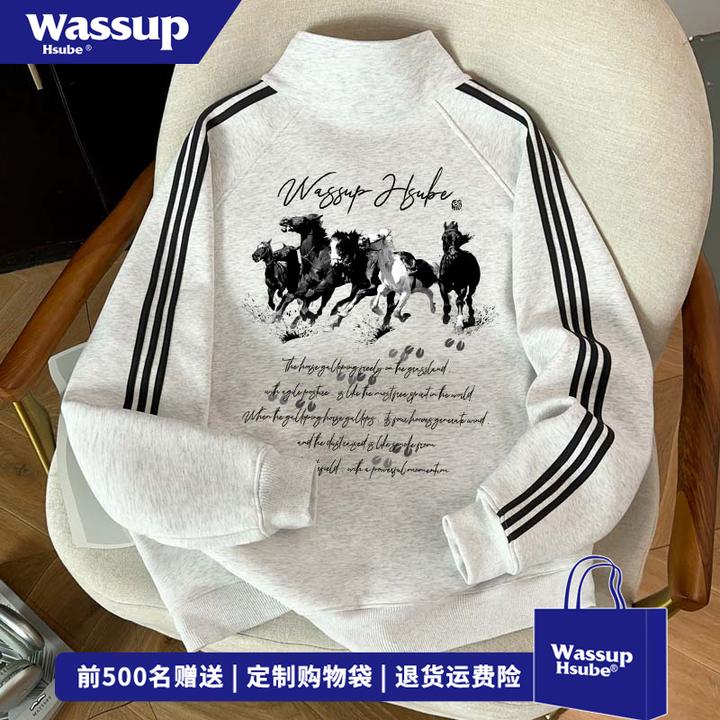 WASSUP HSUBE设计感卡通小马印花三条杠外套男女秋冬时尚情侣外套