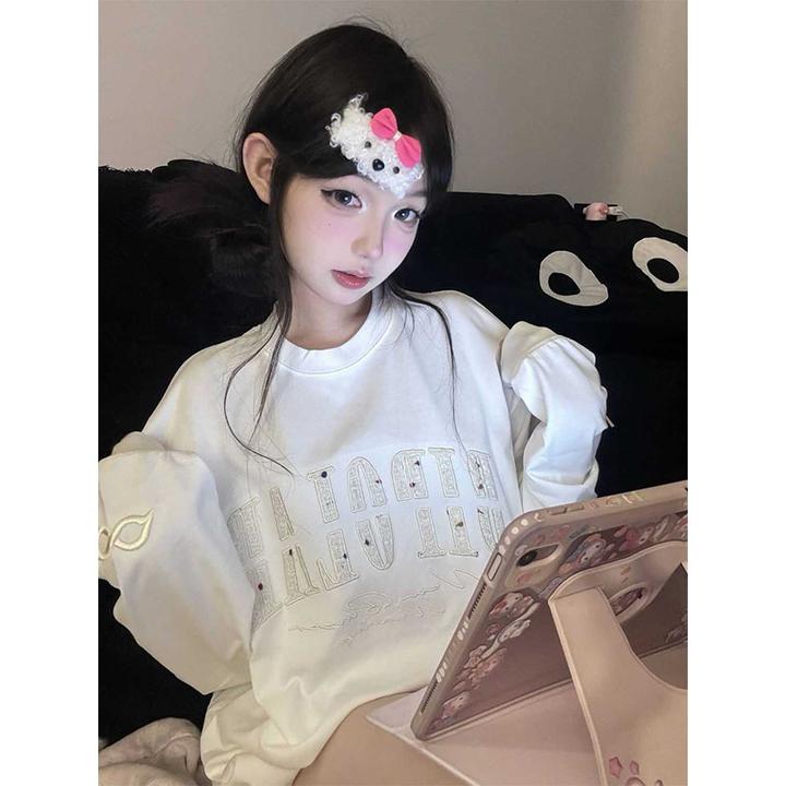 INS设计感小众百搭长袖T恤女春秋季慵懒风字母刺绣宽松体恤衫上衣