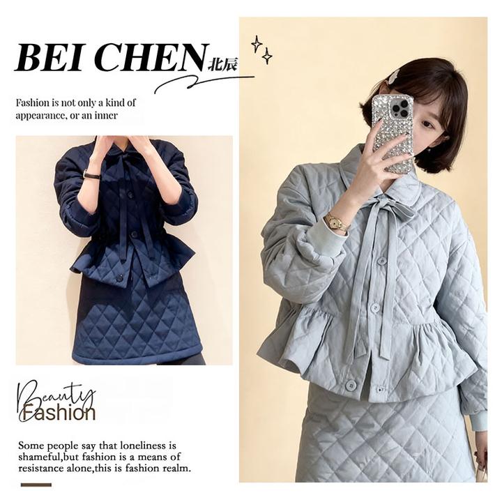 大码女装菱格纹蝴蝶领结学院风收腰娃娃领短款外套半身裙两件套装