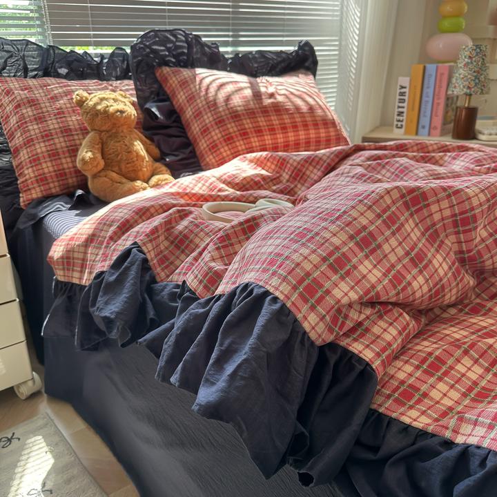 复古风韩版花边水洗棉四件套床上用品被套床单宿舍被罩三件套床笠