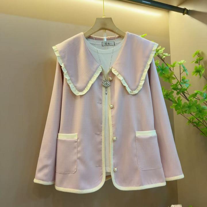 春季新款娃娃领木耳边拼接百搭宽松短款外套