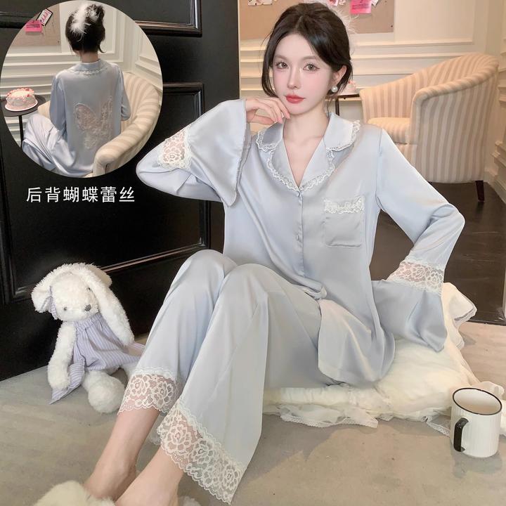 新款背后镂空蝴蝶蕾丝春秋季冰丝薄款长袖睡衣女大码可外穿家居服