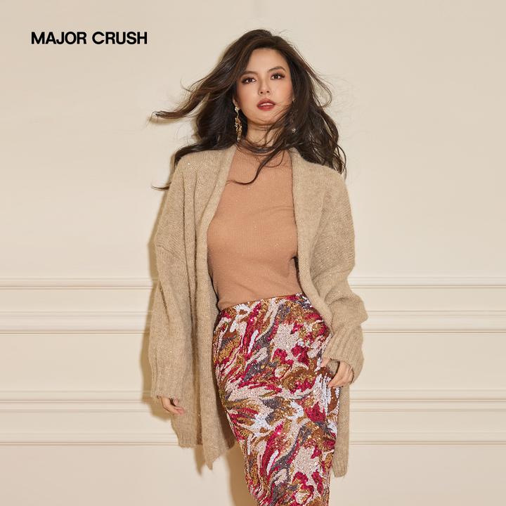 MAJOR CRUSH冬季款慵懒风针织驼色百搭外套刺绣亮片半裙套装79059