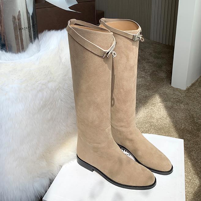 羊皮版~法式洋气尖头银扣牛皮中高筒长靴女冬2025新款骑士靴时尚