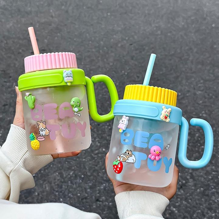 手柄办公杯夏季大容量高硼硅玻璃杯生日礼物便携式高颜值吸管水杯