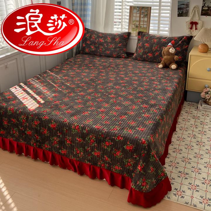 浪莎2025牛奶绒夹棉床盖单件加厚保暖花边韩版床罩盖毯防滑床垫单