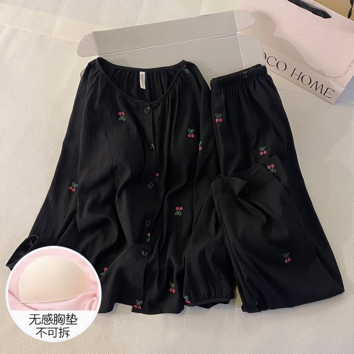 睡衣女春秋季云朵棉长袖大码2025新款带胸垫家居服黑色高级感套装