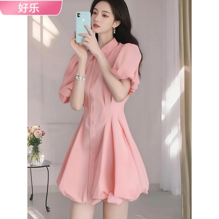 1美粉色夏季连衣裙2025年新款法式气质衬衫裙显瘦收腰度l